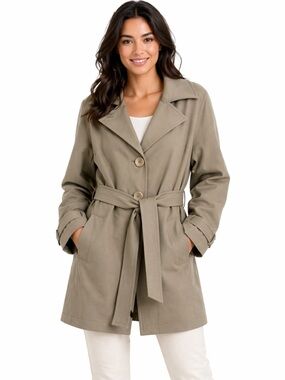 Lightweight Kensie tan bell sleeve 3 button belted trench jacket M